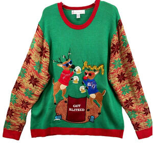 Ugly Christmas Jolly Sweater Mens Sz XXL "Get Blitzed" Drinking Party‎ Reindeer